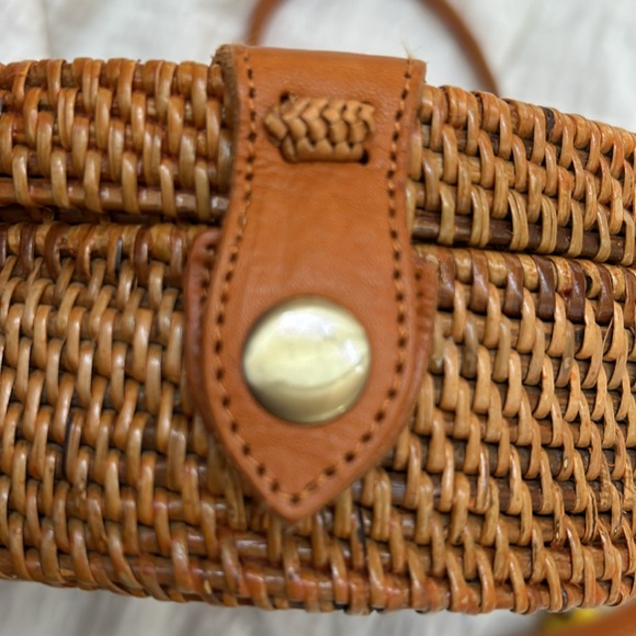 Rattan Canteen Bag Crossbody Purse Dark Natural Tan w Paisley Cloth Snap Closure - Picture 8 of 8